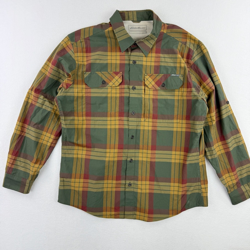 Eddie Bauer Performance Collar Shirt Size L Olive Green Plaid Long Sleeve Mens